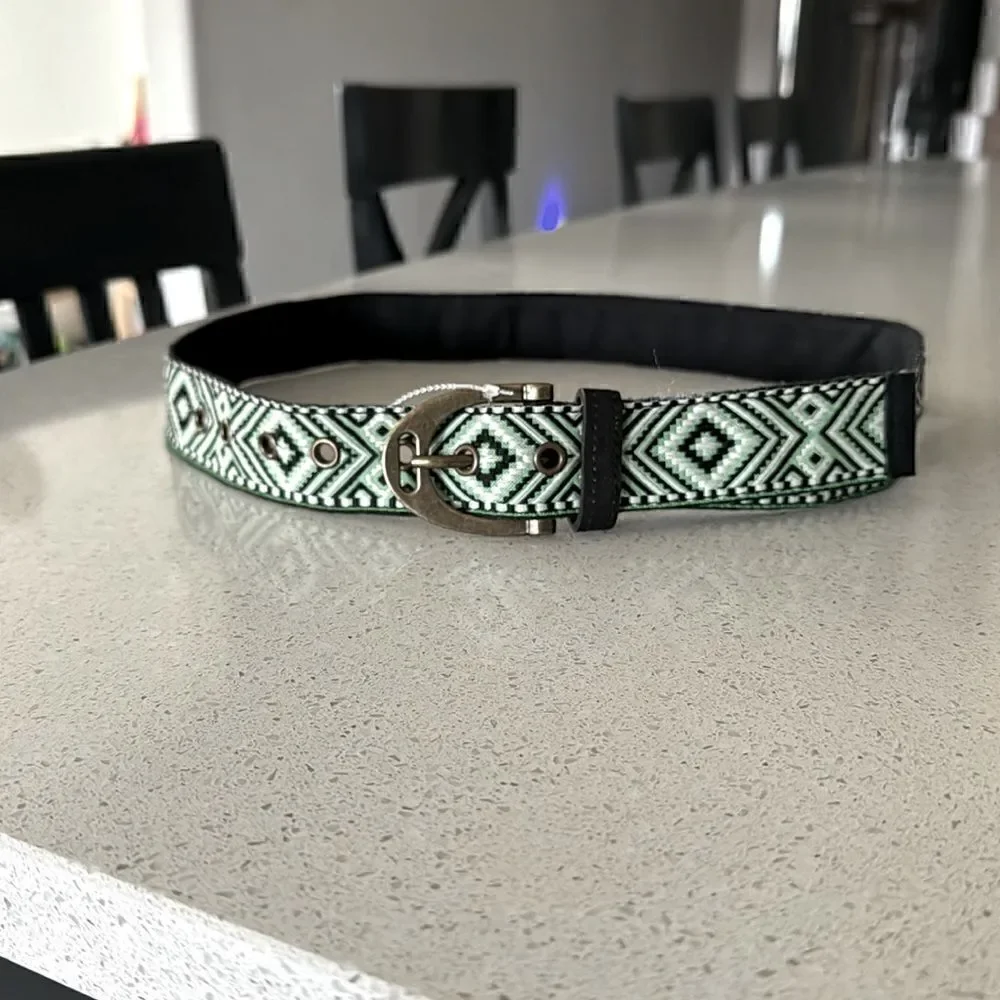 NWOT Free People Moving to Mars Belt Cotton S/M Green Black Leather Cotton Retro